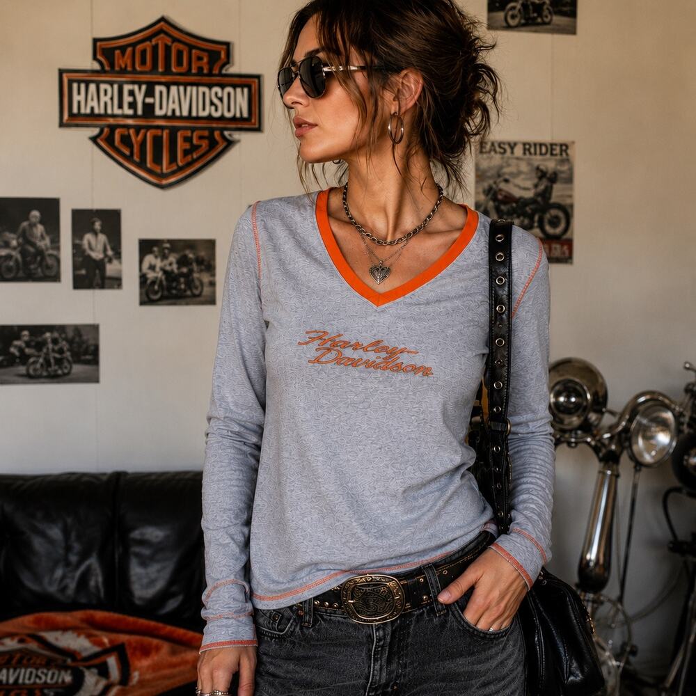 Harley-Davidson Women’s Gray Long Sleeve V-Neck T Shirt Orange Trim Tacoma WA LG - Picture 3 of 10